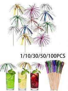 10/30/50/100pcs Colorful Cocktail Firework Shaped Drink Stirrers, Hawaiian Paper Cup Cake Decorations, Party Cake Decorations, Holiday Celebration Party Fruit Toothpicks, Cake Decorations, Make Every Celebration A Highlight, Ideal For Birthday, Wedding, Beach Theme Party, Add A Bright Color And Fun To Every Dessert, Kitchen Supplies, 1 Set - Multicolor - View 3