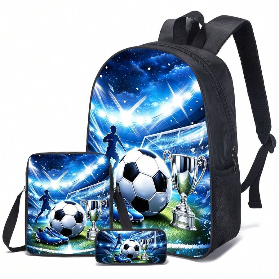 3 PiecesFootball Pattern Casual Backpack Set, 15 Inch, Lightweight Outdoor Casual Backpack, Includes School Bag, Crossbody Bag And Pencil Case - 足球背包 - 查看 1