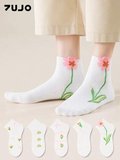 ZUJO 5 pares de calcetines cortos para mujer con estampado floral, diseño de lazo y lunares, simples y cómodos, adecuados para las estaciones de primavera y otoño