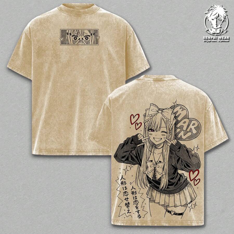 Marin Kitagawa Oversized T-Shirt – My Dress-Up Darling, Vintage Wash Double Print Graphic T-Shirt, Casual Urban Style, Unisex Thick Cotton T-Shirt, Gift For F - 杏色 - 查看 1