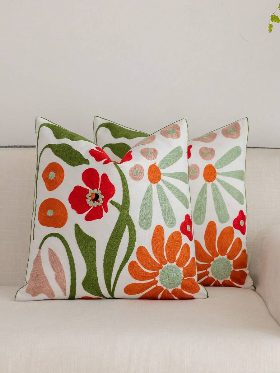 1個鄉村現代風花卉刺繡靠墊套,柔軟可機洗隱形拉鍊,客廳臥室家居裝飾抱枕套 - 紅色刺繡 - 查看 1