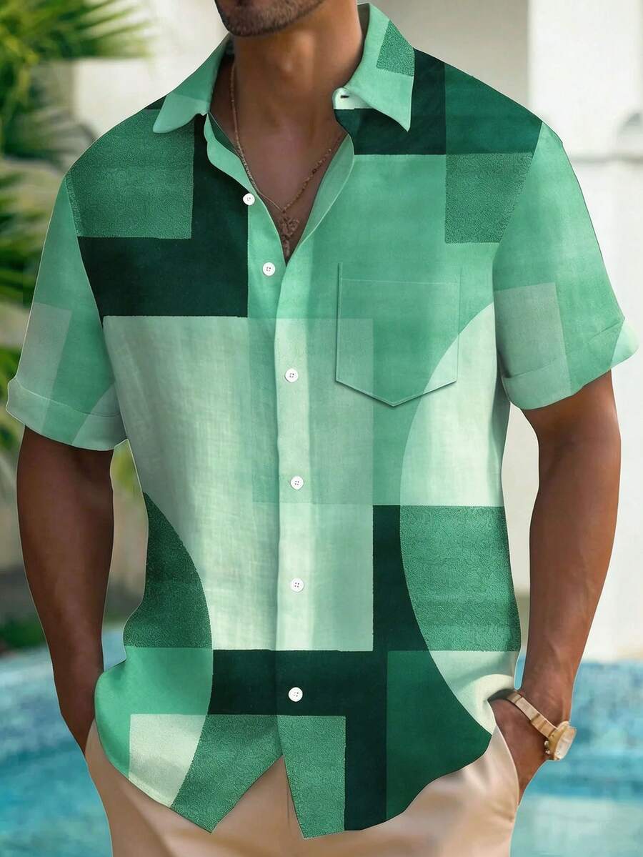 Men's Vintage Geometric Color Block Print Button Pocket Short Sleeve Shirt - Green - View 1