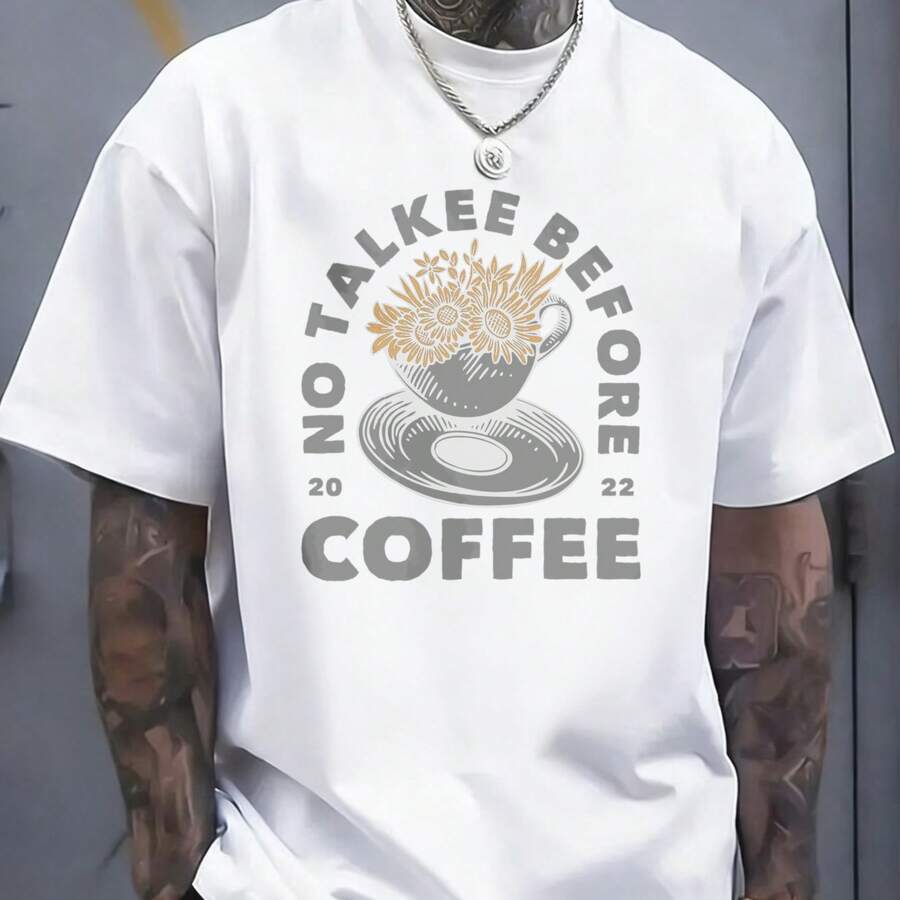 T-shirt bianca, stile vintage, con stampa "No Talkee Before Coffee" raffigurante una tazza di caffè e fiori, in morbido cotone, per uomini tatuati, 1 pezzo - Bianco - Visualizzare 1