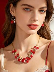1 Set Sweet Elegant Rose Necklace And Earrings Set, Women's Holiday Birthday Date Ball Party Vacation Shopping Accessories - Rose - View 6