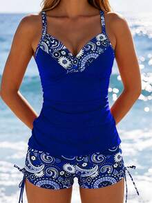 Casual Royal Blue Camisole Top And Floral Paisley Print Swim Bottoms, Women's 2-Piece V-Neck Swimwear Vacation Beach Summer - Blue - View 1