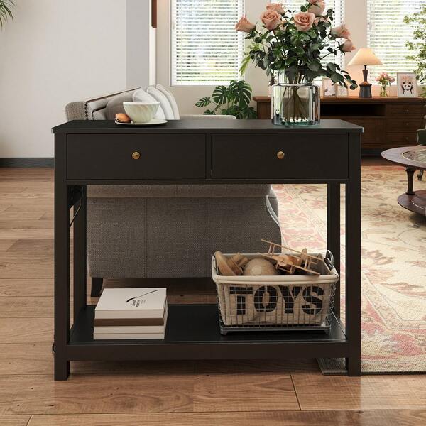 Lofka Sofa Table With Outlets And USB Ports, Console Table With 2 Drawers, Narrow Small Storage Shelves For Living Room, Couch, Hallway, Foyer, Entryway, Black