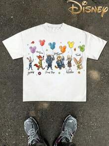 Licensed Disney Zootopia Tee: Characters Watercolor Balloon Print. 100% Cotton, Soft & Breathable. Unisex Loose Fit Crew Neck Short Sleeve Casual Top. - White - View 1