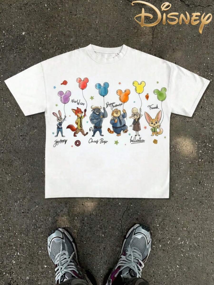 Licensed Disney Zootopia Tee: Characters Watercolor Balloon Print. 100% Cotton, Soft & Breathable. Unisex Loose Fit Crew Neck Short Sleeve Casual Top. - White - View 1
