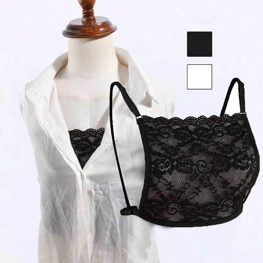 1pc Black And White Lace Trim Anti-Exposure Chest Insert Fake Collar, Adjustable Elastic Shoulder Straps Bra Cover - Multicolor - View 1