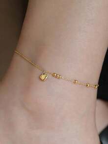 1pc Stainless Steel Beaded Heart Anklet, Women's Daily And Summer Beach Vacation Accessory Gift (Gift Box Not Included) - Gold - View 4