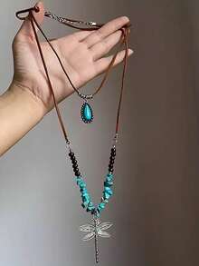 2pcs/Set Layered Vintage Turquoise Necklace, Korean Velvet Dragonfly Alloy Hollow Water Drop Pendant Necklace - Multicolor - View 4