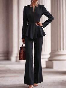 Elegant Women's Black 2 Pieces Suit, Notch Collar Ruffle Hem Top And Pants Set, Suitable For Autumn/Winter Wear - Black - View 3