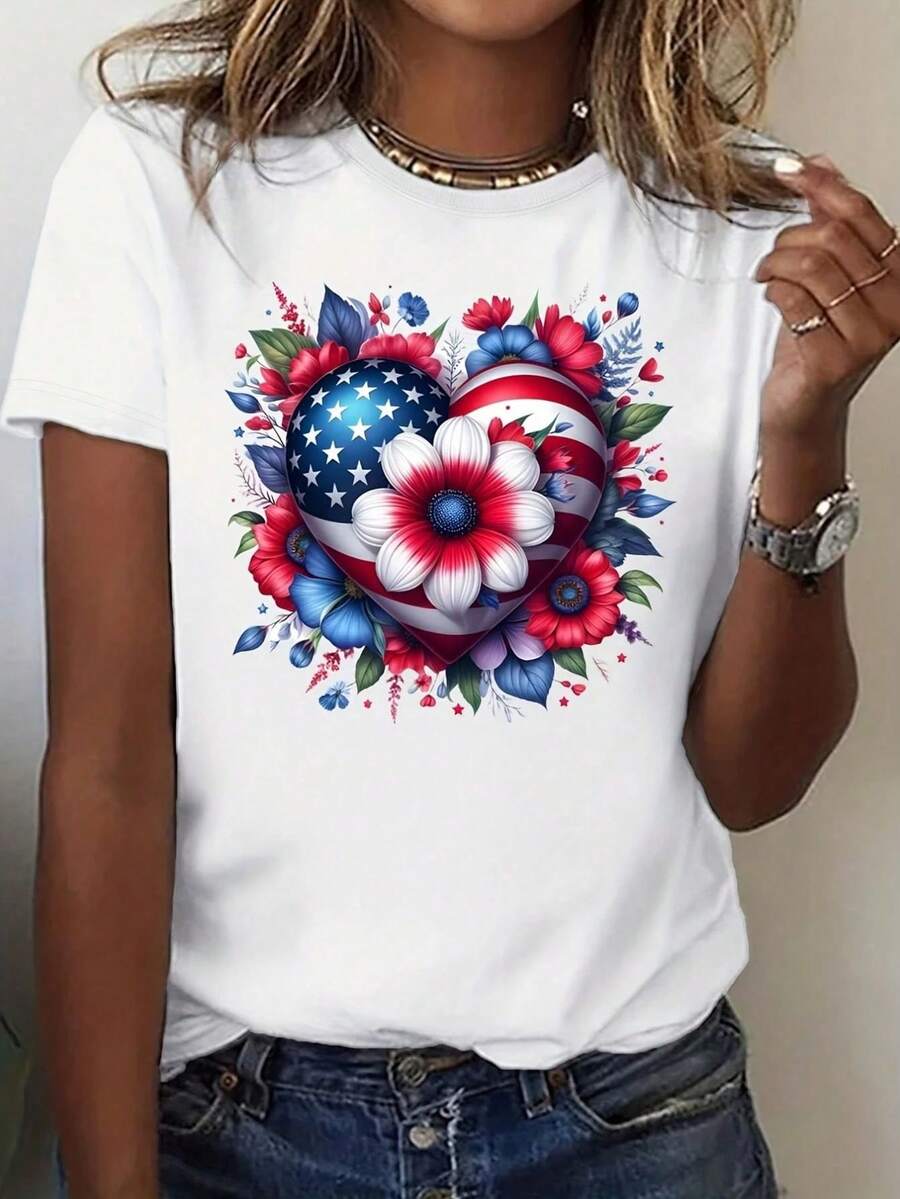 Camiseta casual de mujer con estampado de bandera estadounidense, corazón y flores, diseño patriótico para celebrar el Día de la Independencia - 220g