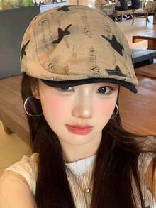 1件女款夏季貝雷帽，復古星星前設計，戶外防曬帽，度假必備 - 多色 - 查看 3