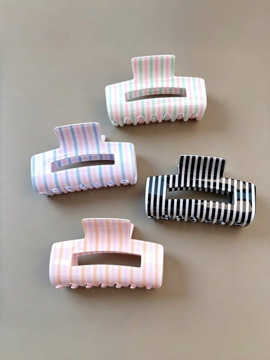1pc Macaron Striped Square Hair Claw Clip, Women's Glossy Hair Claw, Suitable For Half-Up And Updo Hairstyles Summer Hair Accessories Vacay Hair Clips - Multicolor - View 1