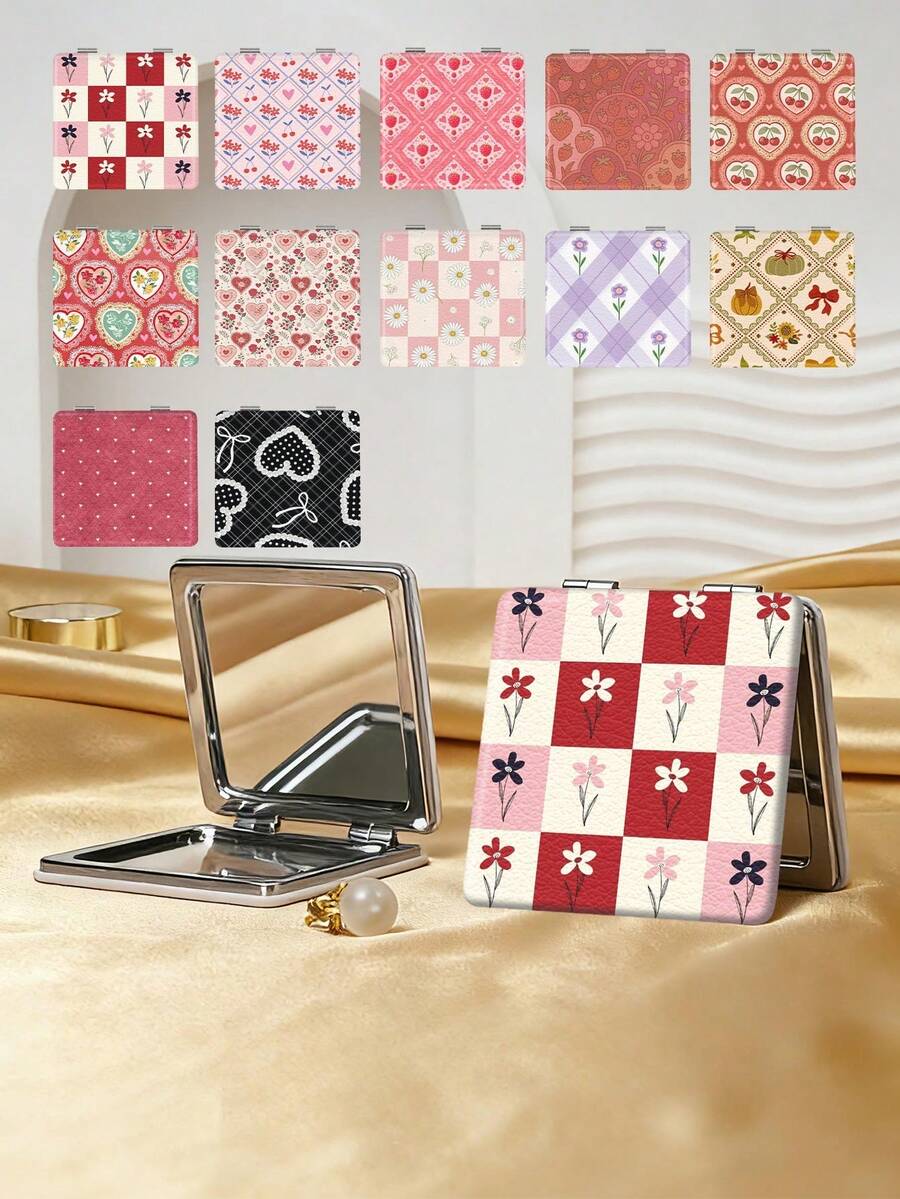 1PC Millennium Y2K Style Patchwork Series Portable Vanity Mirror, Foldable Lightweight Ultra-Thin Convenient Hand Mirror, Durable PU Leather, Suitable For Multiple Scenes And All People, Foldable Square Small Mirror For Carrying - Multicolor - View 1