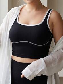 Women's Ribbed Slim-Fit Contrast Trim Shapewear Crop Top - Sleeveless Form-Fitting Tank Top - Black - View 9
