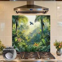 1pc Kitchen Wall Sticker, Tropical Rainforest Design, PVC Material. It Features Vibrant Palm Trees, Colorful Flowers And Birds, Suitable For Kitchen, Cafe Or Restaurant Decoration, Kitchen Wall Decor|Floral Pattern|Vinyl Wallpaper, Wall Decor - A - View 4