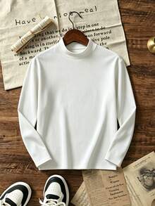 Girls' Solid Color Fitted Long Sleeve Mock Neck T-Shirt, Elastic Soft Basic Layering Top For Daily Wear, Suitable For Teenage Girls - White - View 3