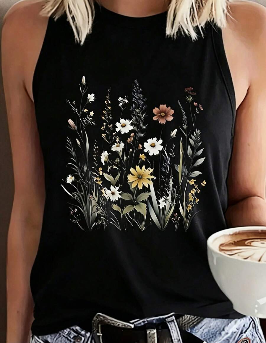 Women Sleeveless Tank Top, Vintage Wildflower Print, Racerback Loose Fit, Soft Cotton Mid-Length Vest; Boho, Daily/Vacation/Layering Casual Wear - 黑色 - 查看 1