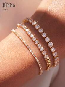 Hihho 3pcs/Set Gold-Plated & Cubic Zirconia Tennis Bracelet, With Adjustable Extension Chain, Multi-Layered Shapes Available, Versatile Accessory For Women's Daily Wear - Multicolor - View 3