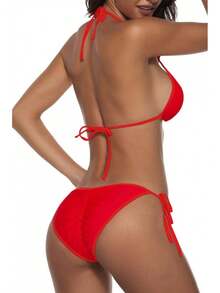 Women Two Piece Swimsuit Sexy Swimwear Halter String Triangle Bikini Sets - 紅色 - 查看 3