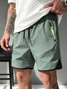 Men's Casual Summer Shorts, Solid Color Elastic Waist Drawstring Zipper Pocket Sports Pants - Army Green - View 3