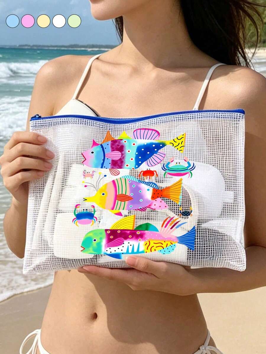 防水海灘彩魚圖案化妝包,彩色網格化妝包,大容量便攜式化妝收納包,透氣海灘盥洗包,夏季熱帶風旅行收納包,多功能盥洗包適用於游泳、度假、大學宿舍、浴室、化妝品、護膚品、配件、文具、海灘用品,可愛學院風,獨特教師節禮物、生日禮物、節日禮物、派對禮物、度假禮物、婚禮禮物及開學禮物 - 彩色 - 查看 1