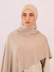 1pc Solid Color Ready-To-Wear Quick-Slip Muslim Hijab, Soft Modal Knit Pre-Sewn Headscarf - Khaki - View 2