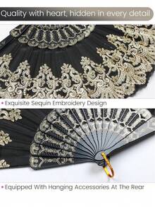 1Pc /2Pcs Vintage Gothic Lace Folding Hand Fan With Jade Pendant Tassel, Retro Gold Stamping Floral Handheld Fan, Chinese Style Accessory For Lolita Cosplay Dance Wedding Party Decor & Gift - Folding Fan - View 6