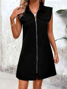 Summer Casual Solid Color Front Zipper Dress - Black - View 2