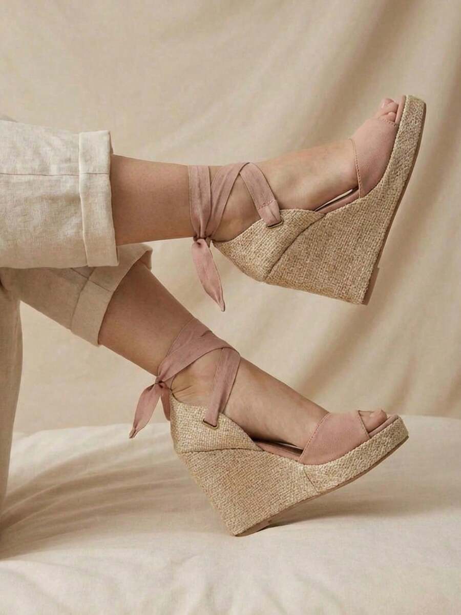 Women's Platform Sandals, Jute Wedge, Espadrille Wedge, High Espadrilles, Tie Straps, Wedge Heel, Comfortable, Casual, Boho, Summer, Women's Fashion - 淺粉色 - 查看 1