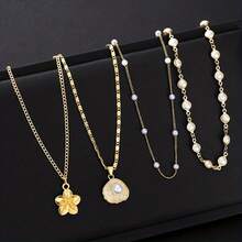 4pcs Simple Elegant Women's Fashion Y-Shaped Necklace With Faux Shell Flower Design, Perfect For Daily Wear, Dates, Vacations, Parties, And Valentine's Day Gift For Girlfriend - Gold - View 4