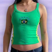 Retro Street Style Baby T-Shirt, Brazil Green Letter Print Crop Tops For Women, Slim-Fit Short Sleeve Casual Wear Y2k 2024 - nz950--- - 查看 1