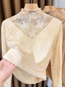 Vuslat Women's Autumn Beige Fleece-Lined Lace Base Layer, Mesh Lace Fabric, Exquisite Floral Embroidery, Semi-High Neck Ruffle Trim V-Neck Faux Two Pieces Design, Suitable For Autumn/Winter Layering, Daily Commute, Dating, Party, Streetwear, Photography - Apricot - View 1