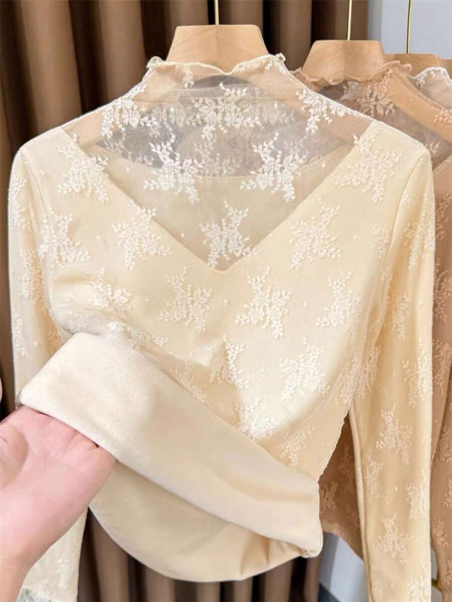 Vuslat Women's Autumn Beige Fleece-Lined Lace Base Layer, Mesh Lace Fabric, Exquisite Floral Embroidery, Semi-High Neck Ruffle Trim V-Neck Faux Two Pieces Design, Suitable For Autumn/Winter Layering, Daily Commute, Dating, Party, Streetwear, Photography - Apricot - View 1