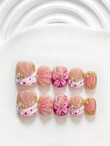 10 Buah Kuku Tempel Buatan Tangan Gaya Manis, Set Kuku Polygel, Bunga Merah Muda dan Berlian Bulat, Kuteks Fuchsia, Gaya Elegan dan Indah, Termasuk Alat Kuku, Tersedia 3 Ukuran, Persegi, Persegi Pendek, Almond, Kuku untuk Pesta, Dansa, dan Pemakaian Sehari-hari. - MultiWarna - View 2