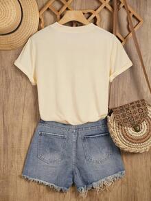 Elegant Watercolor Floral Print T-Shirt + Short Sleeves + Round Neck + Casual Spring And Summer Clothing For Women - 杏色 - 查看 2