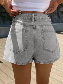 Teen Girls' Casual Washed Denim Shorts With Elastic Waistband, Versatile Design Suitable For Daily Wear Or School - Light Grey - View 4
