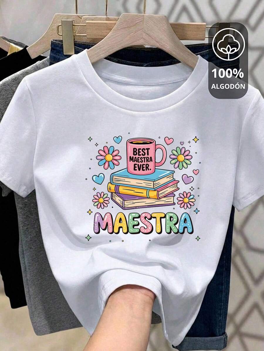 Women's 100% Cotton T-Shirt, Round Neck, Short Sleeves, Excellent Quality, With A Print For Teacher's Day, May 15th, With The Phrase "Best Teacher Ever", Gifts, Teacher - 灰色 - 查看 1