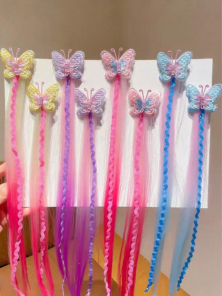 2pcs Girls Cute Embroidered Butterfly Gradient Color Ponytail Hair Extensions Hair Clips - Multicolor - View 1