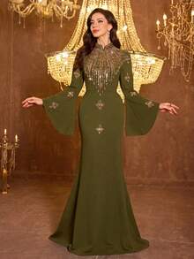 UNITHORSE 女款立領長袖修身亞麻晚禮服，適合婚禮派對，秋季穿著 - 橄欖綠 - 查看 2