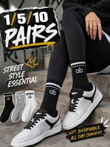 Street Style Essential! 1/5/10 Pairs Cozy Ribbed Crew Socks | Aesthetic High Top Trainer Socks - Multicolor - View 1