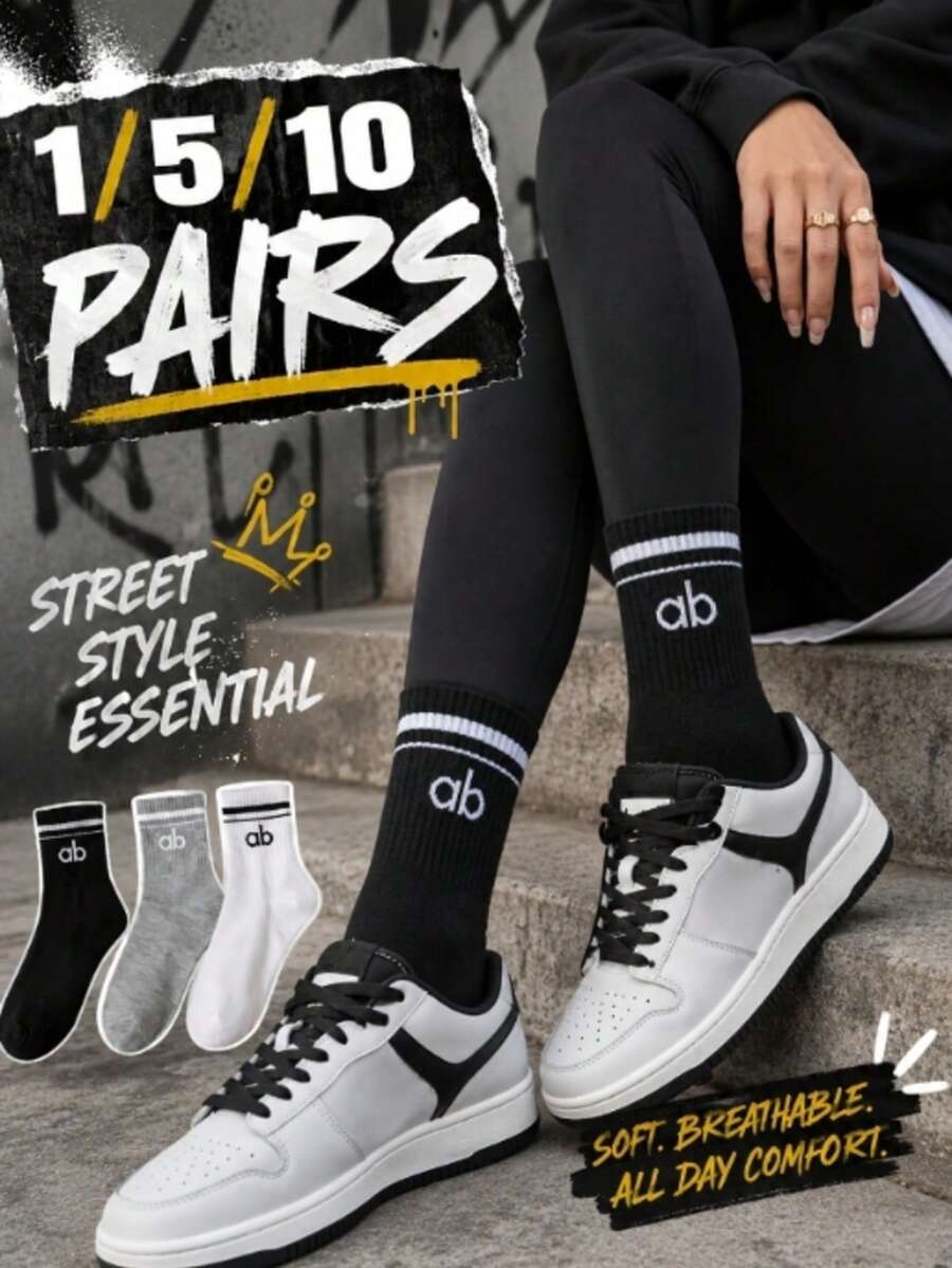 Street Style Essential! 1/5/10 Pairs Cozy Ribbed Crew Socks | Aesthetic High Top Trainer Socks - Multicolor - View 1