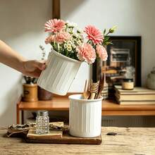 1件白色直條紋陶瓷多功能餐具架，現代簡約廚房用具收納盒，裝飾收納罐 & 花瓶 - 查看 12