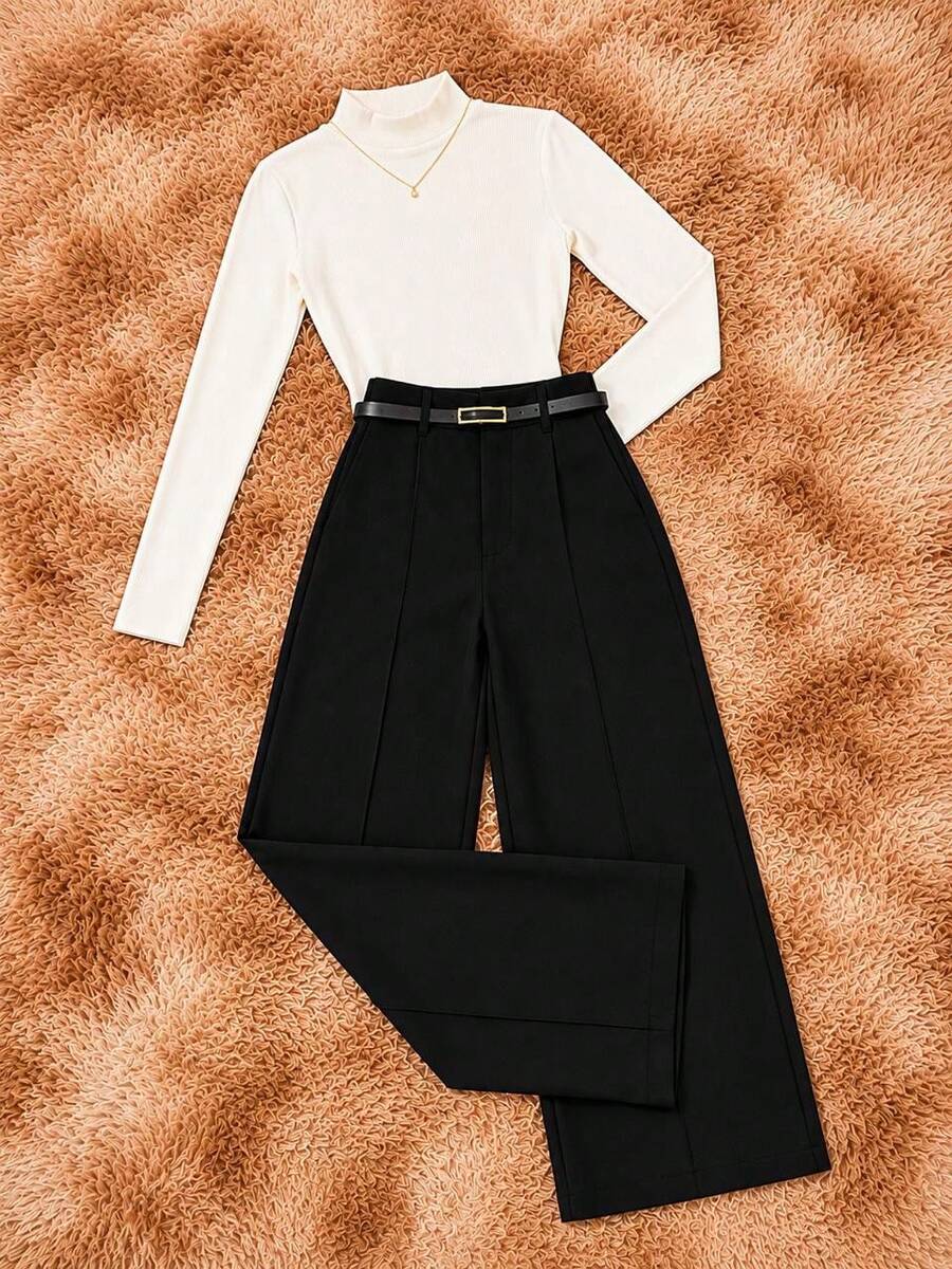 Elegant Women's Winter 2-Piece Set With High-Neck Long-Sleeve Bodysuit And Tailored Trousers + Belt - Winter Fashion - 白色褲子 黑色褲子 - 查看 1