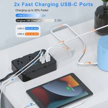 Regleta con protector de sobretensión de 5 pies y enchufe plano, 6 tomas de corriente espaciadas + 4 puertos USB, extensor de toma de corriente montable en la pared, esencial para hogar, oficina y dormitorio - Negro - Ver 4