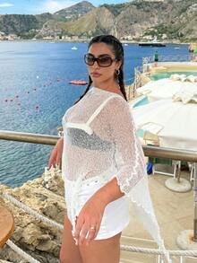 SEREN New Women's White Knit Cover-Up, Sexy Style Summer Beach Vacation Outfit, Women's Outing Top, Summer Top, Women's Knit Shawl - White - View 3
