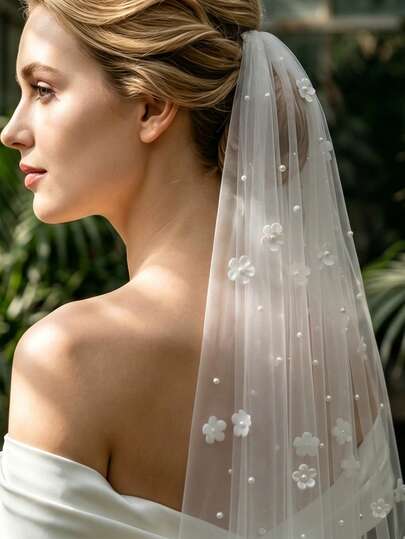 1 Stück eleganter 3D-Blumendekor Damen-Perlenschleier Kurz Outdoor Hochzeit Braut Haaraccessoire für Junggesellinnenabschied