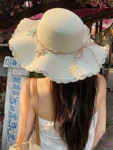 1pc Women's Bohemian Woven Wide Brim Straw Hat, Decorated With Starfish And Shells, Fashionable For Daily Outings, Breathable Straw Hat - Multicolor - View 6